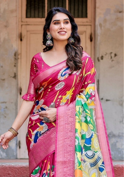 Pink Kalamkari Digital Printed Tussar Silk Saree With Zari Motif Border