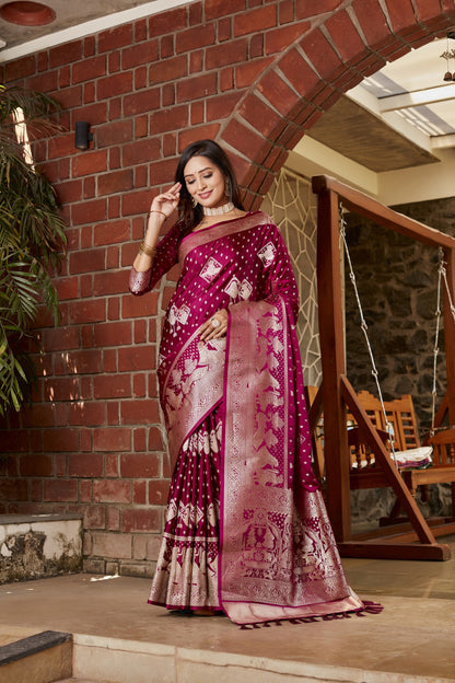 Wine Kanjivaram Satin Silk Saree With Zari Weaving Butta & Rich Designer Pallu
