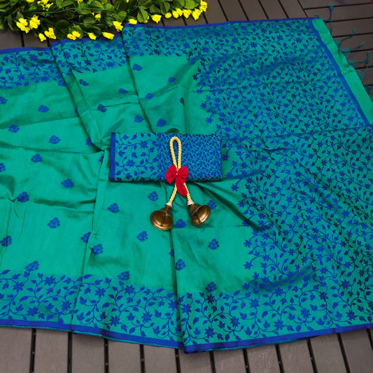 Rama Green Color Khadi Raw Silk Saree With Jamdani Weaving Border