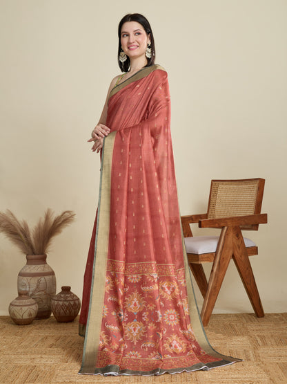 Red Soft Cotton Saree With Kalamkari Printed Pallu & Zari Border