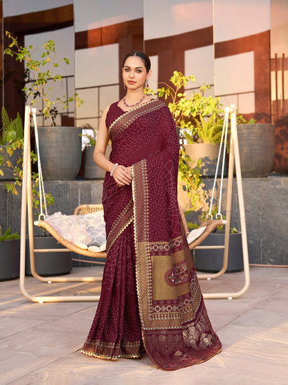 Maroon Stylist Soft Cotton Saree With Unique Table Printed & Lace Border