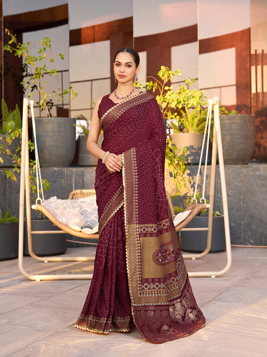 Maroon Stylist Soft Cotton Saree With Unique Table Printed & Lace Border