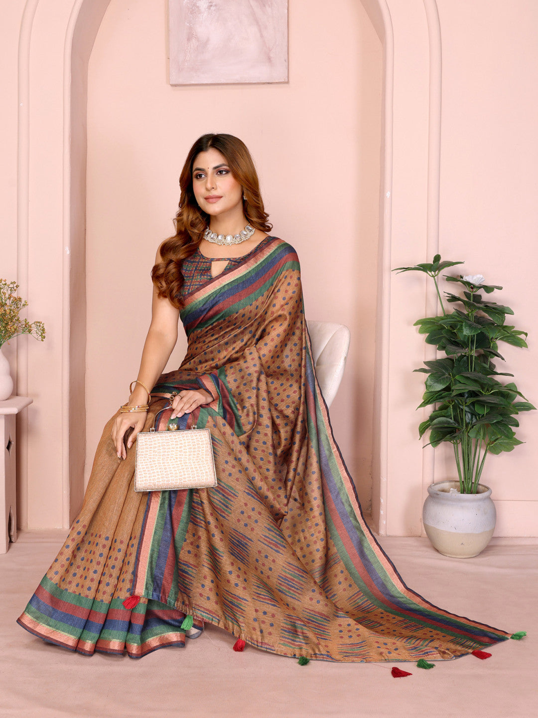 Beige Colour Chanderi Cotton Saree With Digital Printed Work