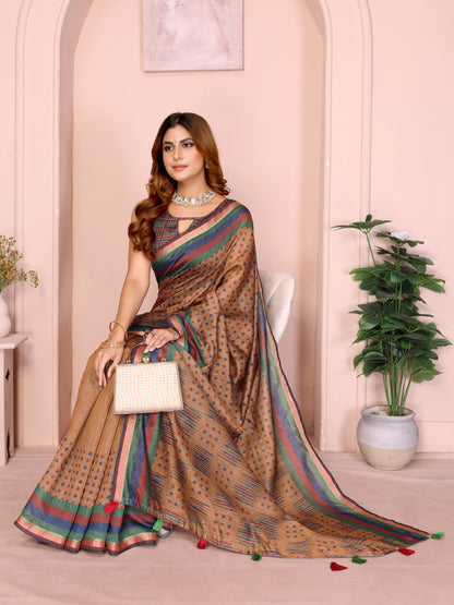 Beige Colour Chanderi Cotton Saree With Digital Printed Work