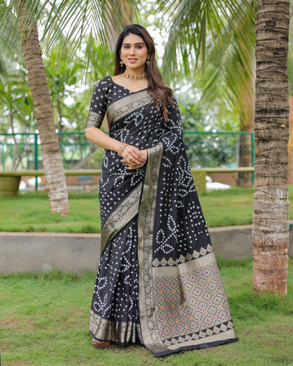 Black Color Hand Bandhej Silk Saree With Zari Weaving Work