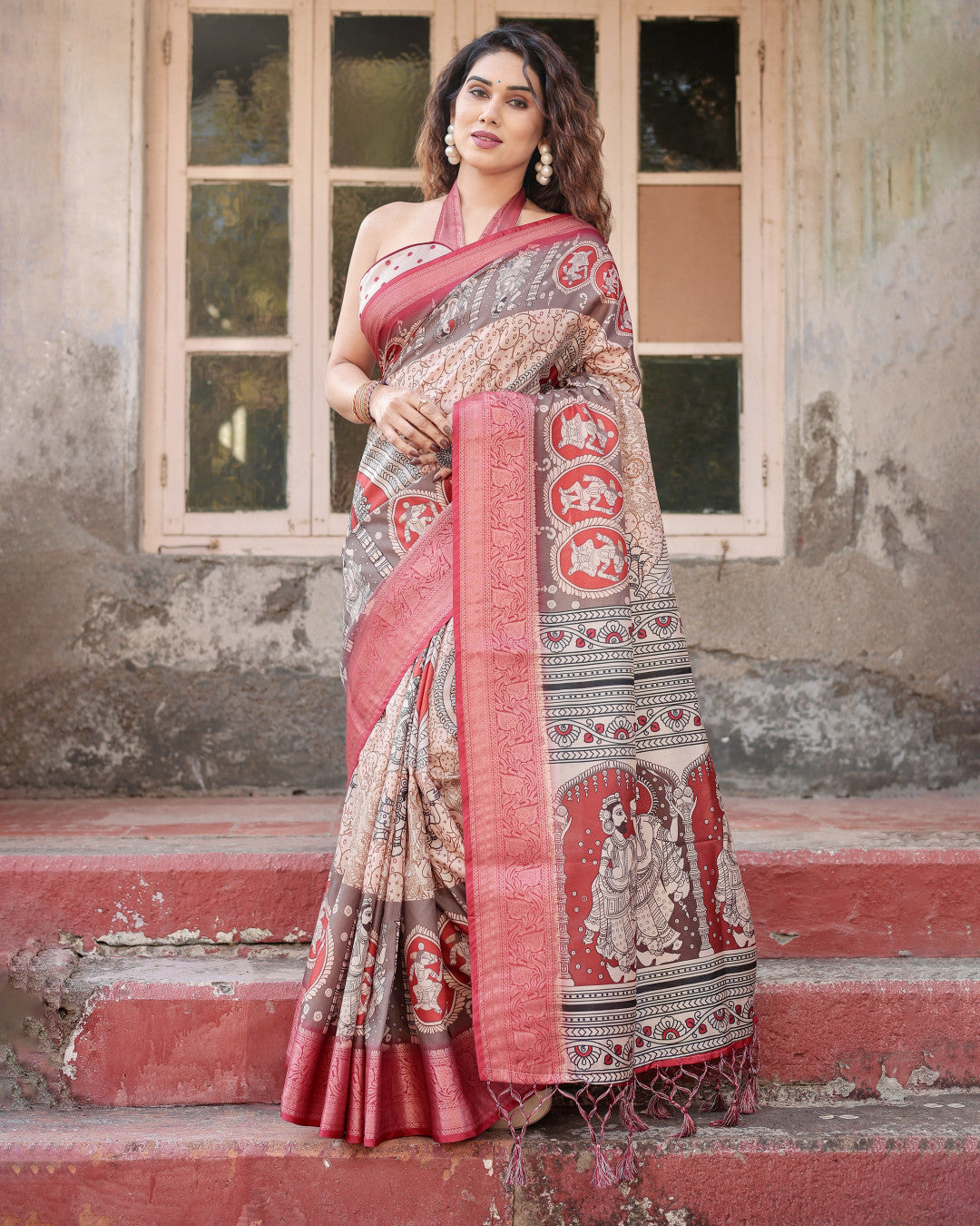 Multi Kalamkari Digital Printed Tussar Silk Saree With Zari Motif Border