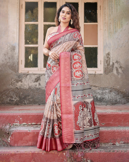 Multi Kalamkari Digital Printed Tussar Silk Saree With Zari Motif Border