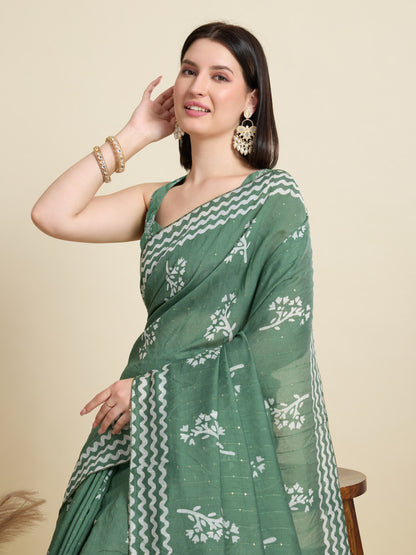Light Green Batik Printed Soft Cotton Saree With Sequence Work