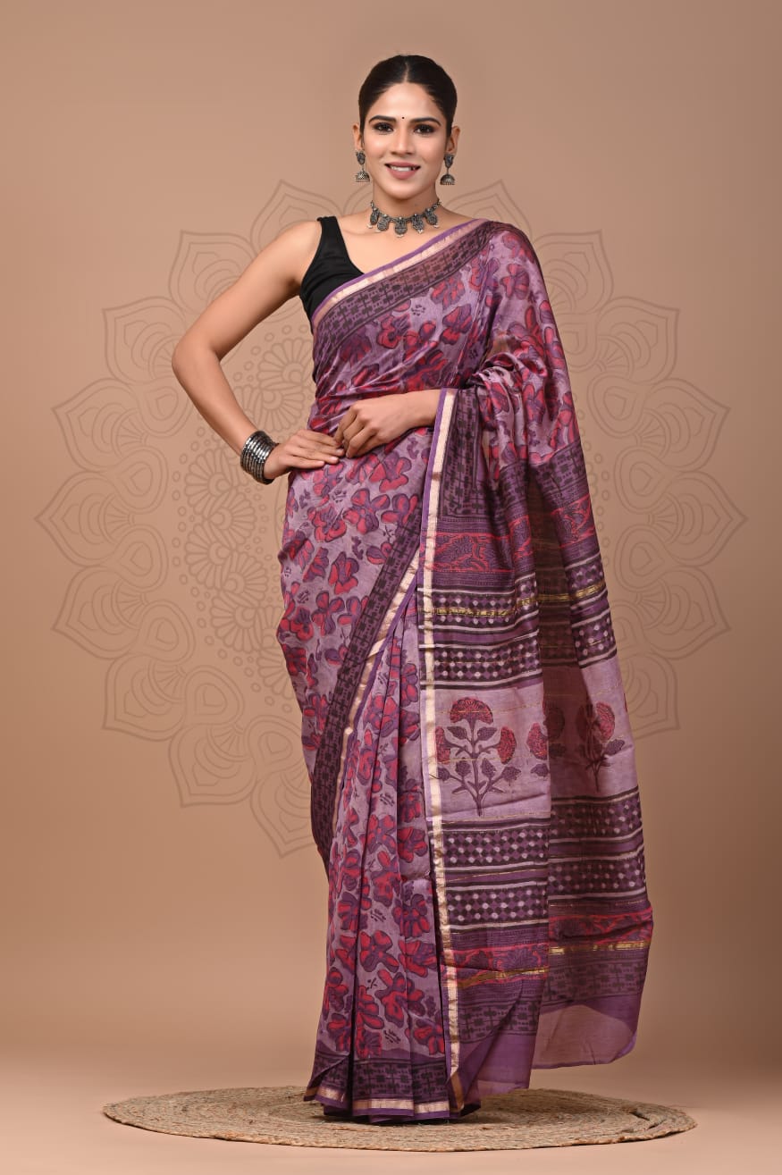 Magenta Colour Pure Chanderi Silk Saree With Bagru Handblock Printed Work
