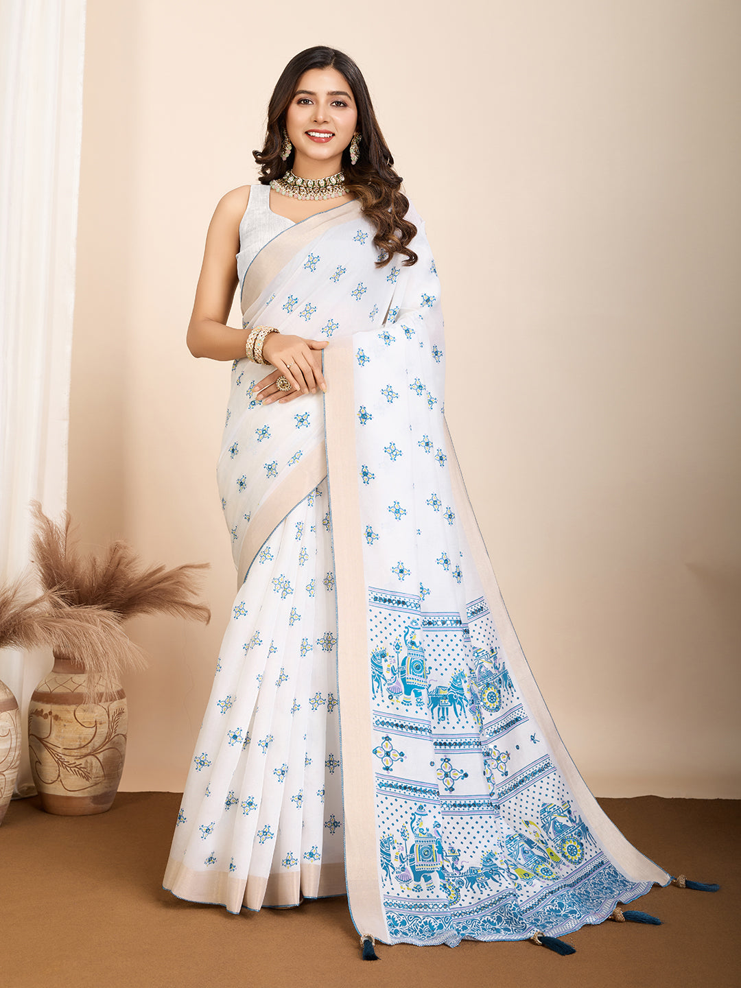 White Soft Cotton Saree With Printed Work