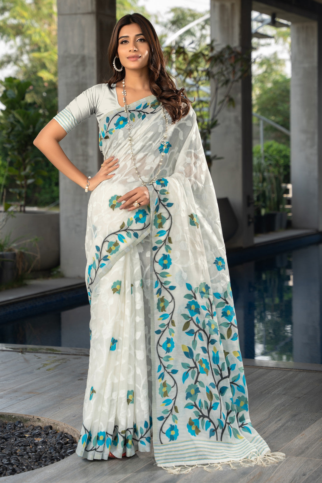 White Color Soft Jamdani Cotton Saree With Woven Design