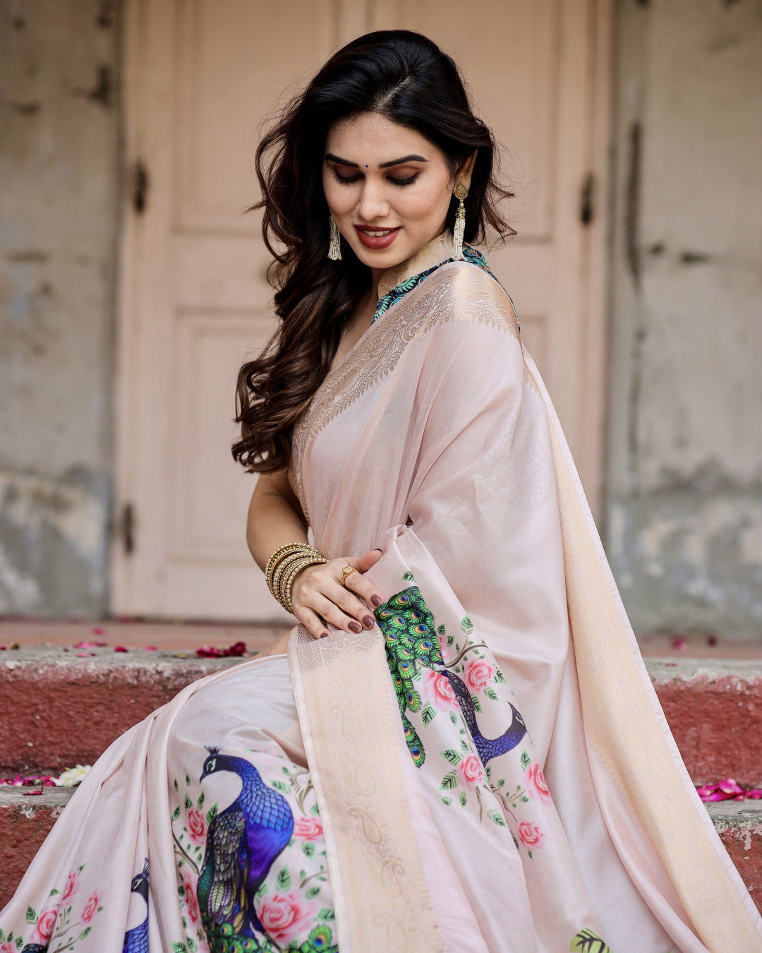 Pastel Pink Peacock Kalamkari Printed Tussar Silk Saree With Zari Motif Border