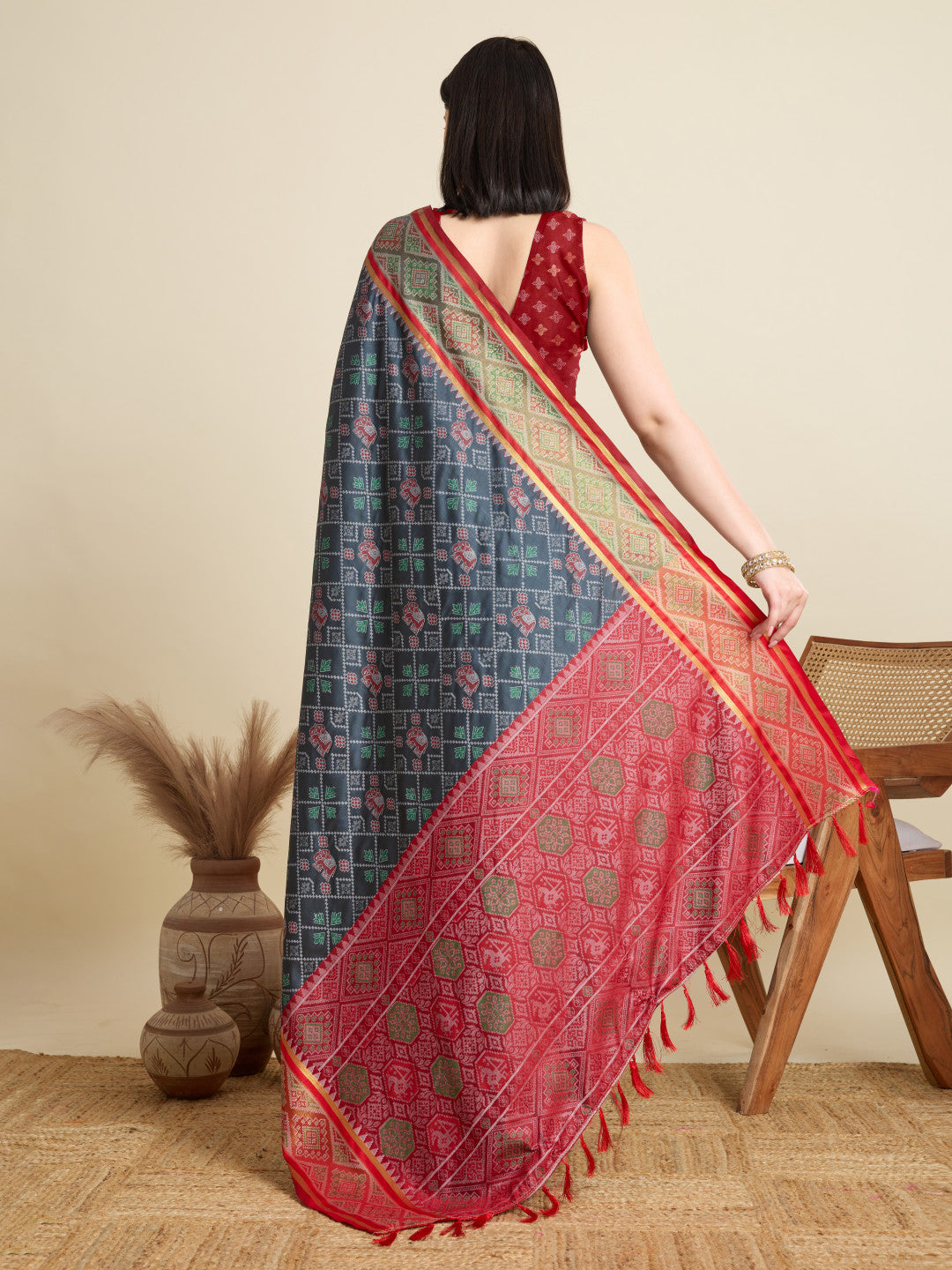 Gray Traditional Patola Silk Saree With Weaving Work