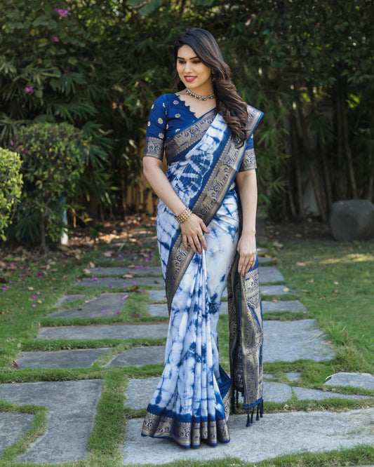Navy Blue Color Dola Silk Saree With Shibori Printed Work