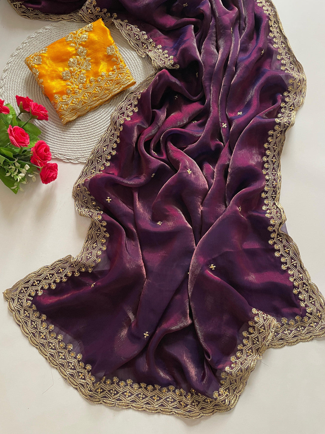 Wine Fancy Space Silk Saree With Embroidery & Moti Work