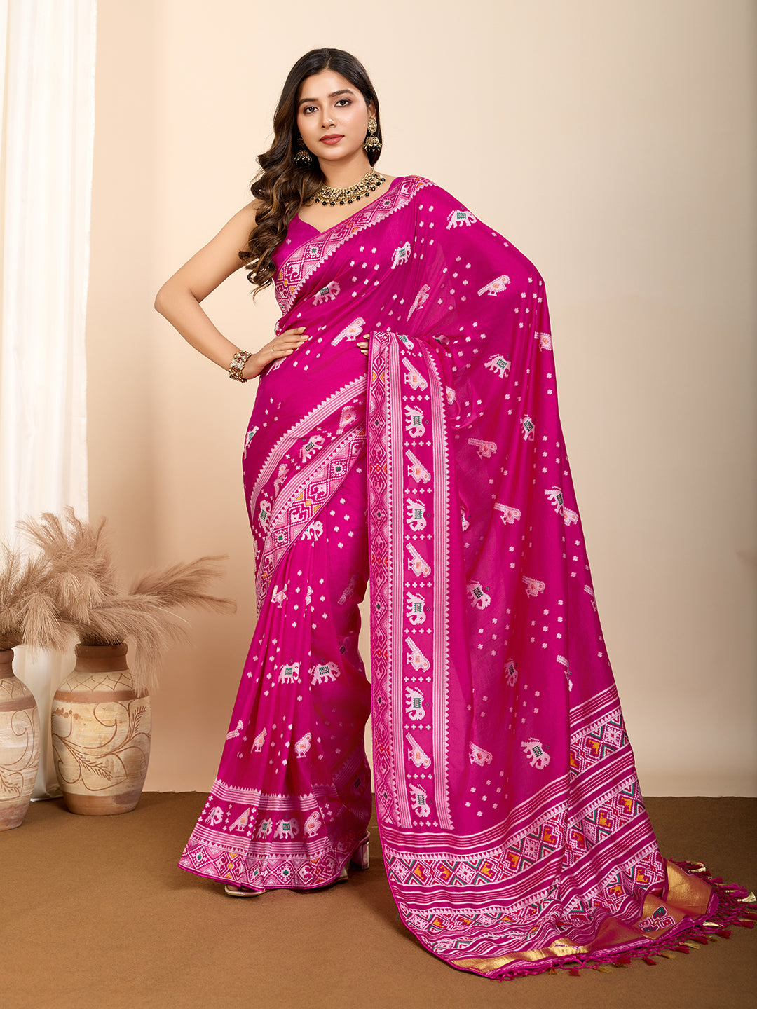 Traditional Muslin Dola Silk Saree With Meenakari Zari Weaving Work