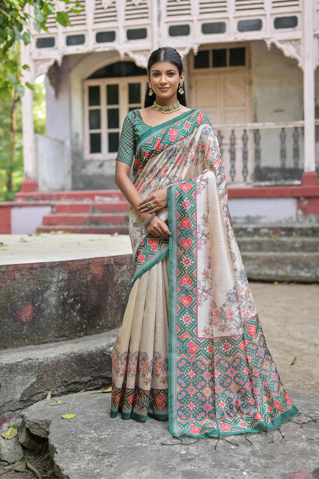 Green Color Soft Tussar Silk Saree With Patola Printed Work