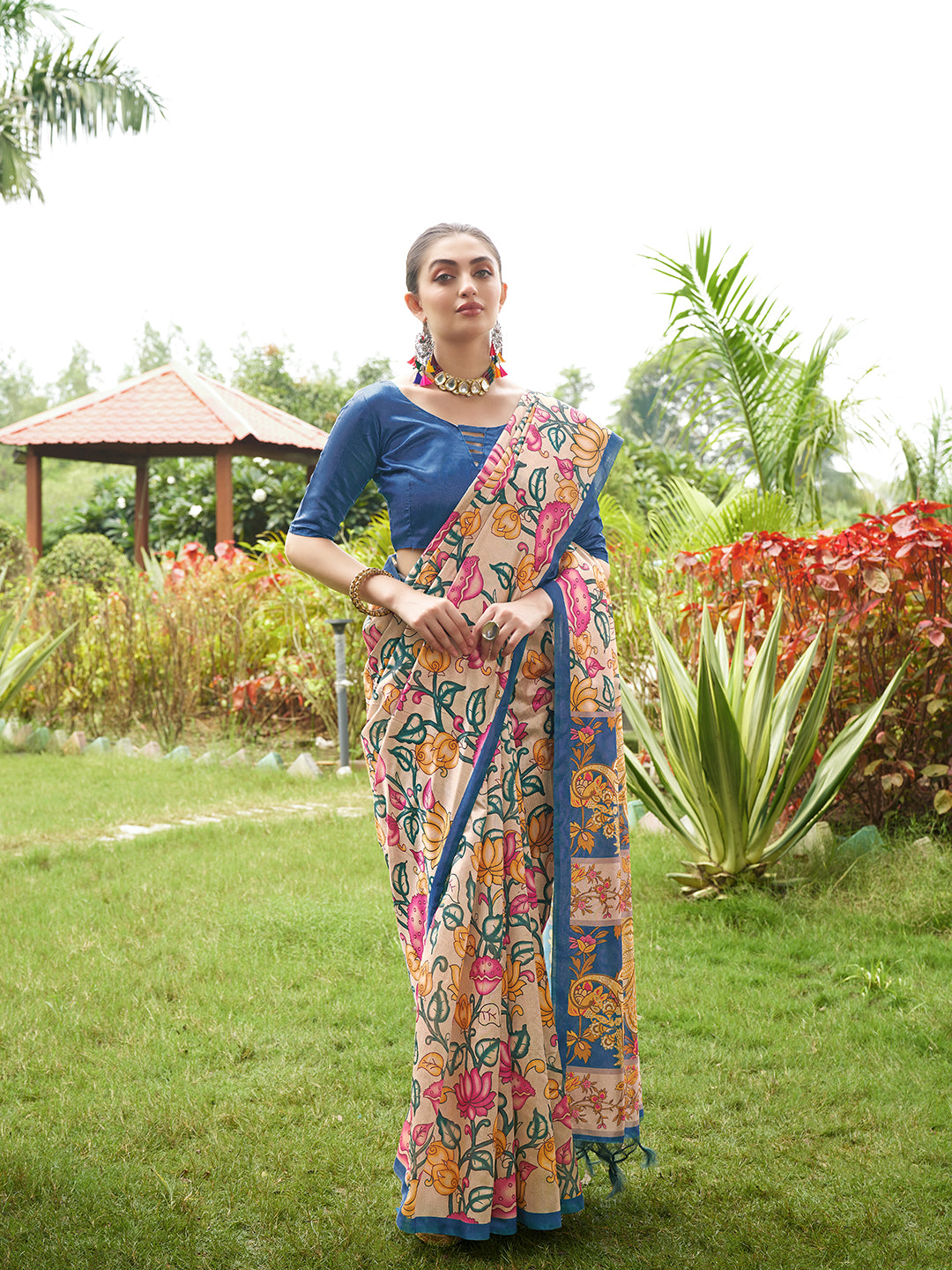 Blue Kalamkari Printed Designer Tussar Silk Saree