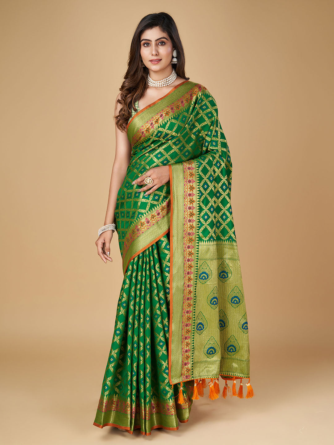 Green Color Patola Silk Saree With Zari Weaving Work