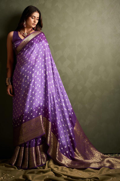 Hand Bandhej Bandhani Saree With Zari Border