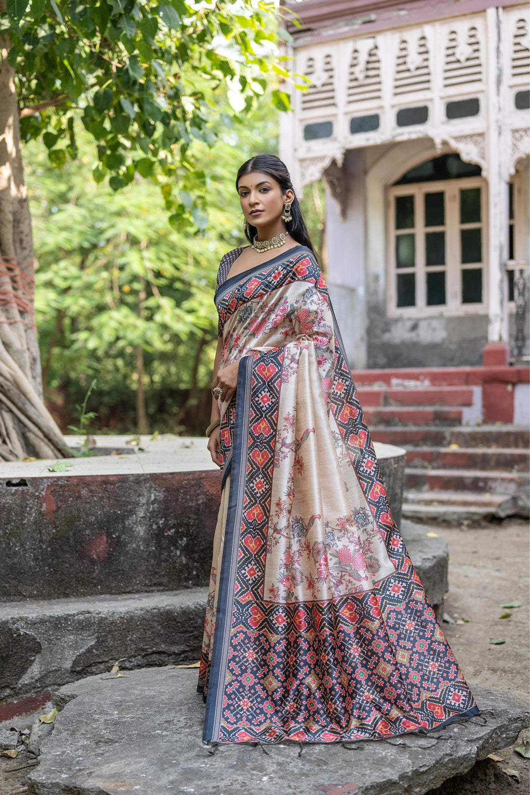 Black Color Soft Tussar Silk Saree With Patola Printed Work