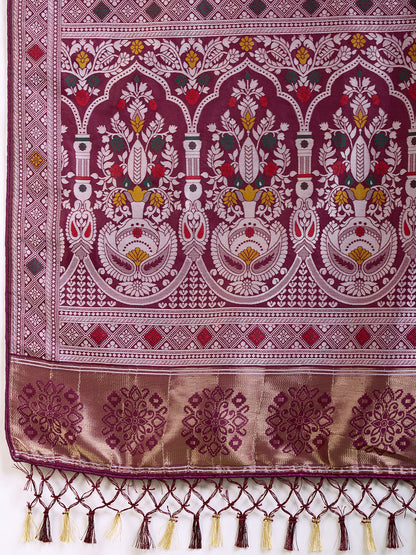 Wine Traditional Muslin Dola Silk Saree With Meenakari Zari Weaving Work
