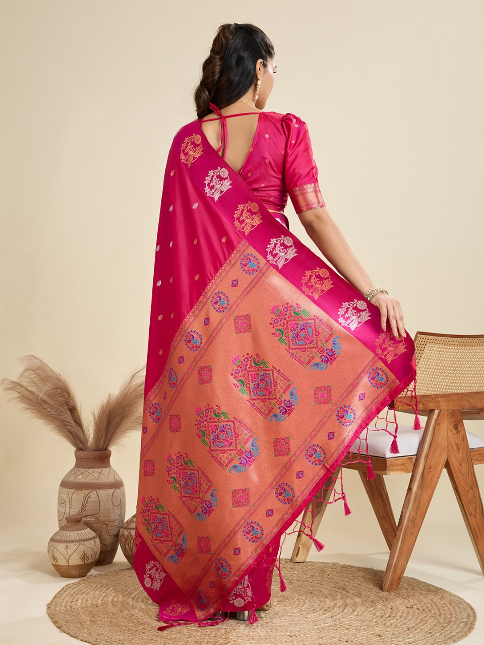 Pink Kanjivaram Silk Saree With Zari Weaving Butta Border & Designer Rich Paithani Pallu