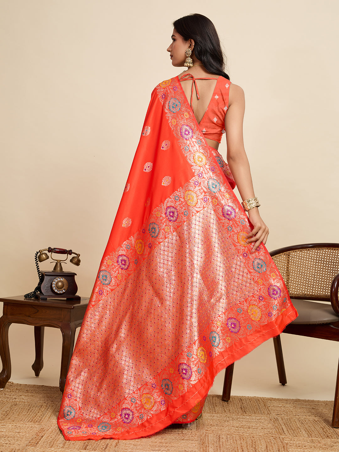 Traditional Orange Color Jacquard Silk Saree With Zari Work