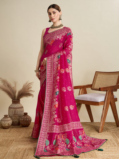Pink Cotton Saree With Table Printed And Foil Work With Pipeing Border
