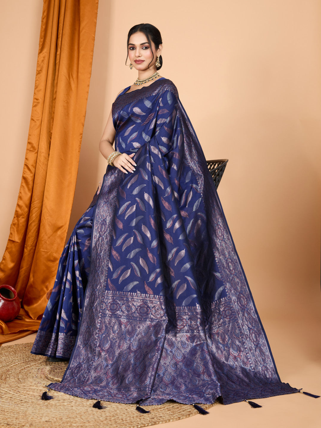 Navy Blue Traditional Banarasi Silk Saree With Zari Weaving Work