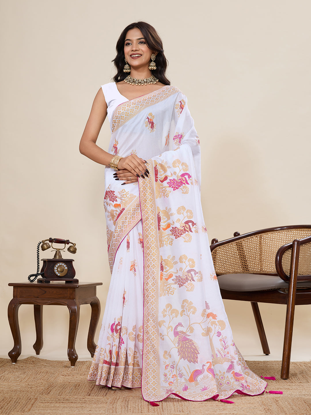 White Cotton Saree With Table Printed And Foil Work With Pipeing Border