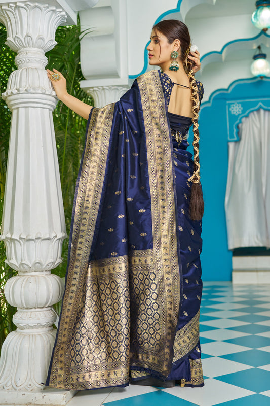 Navy Blue Banarasi Silk Blend Zari Woven Work