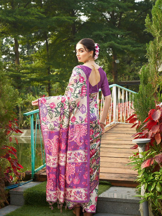 Magenta Kalamkari Printed Designer Tussar Silk Saree