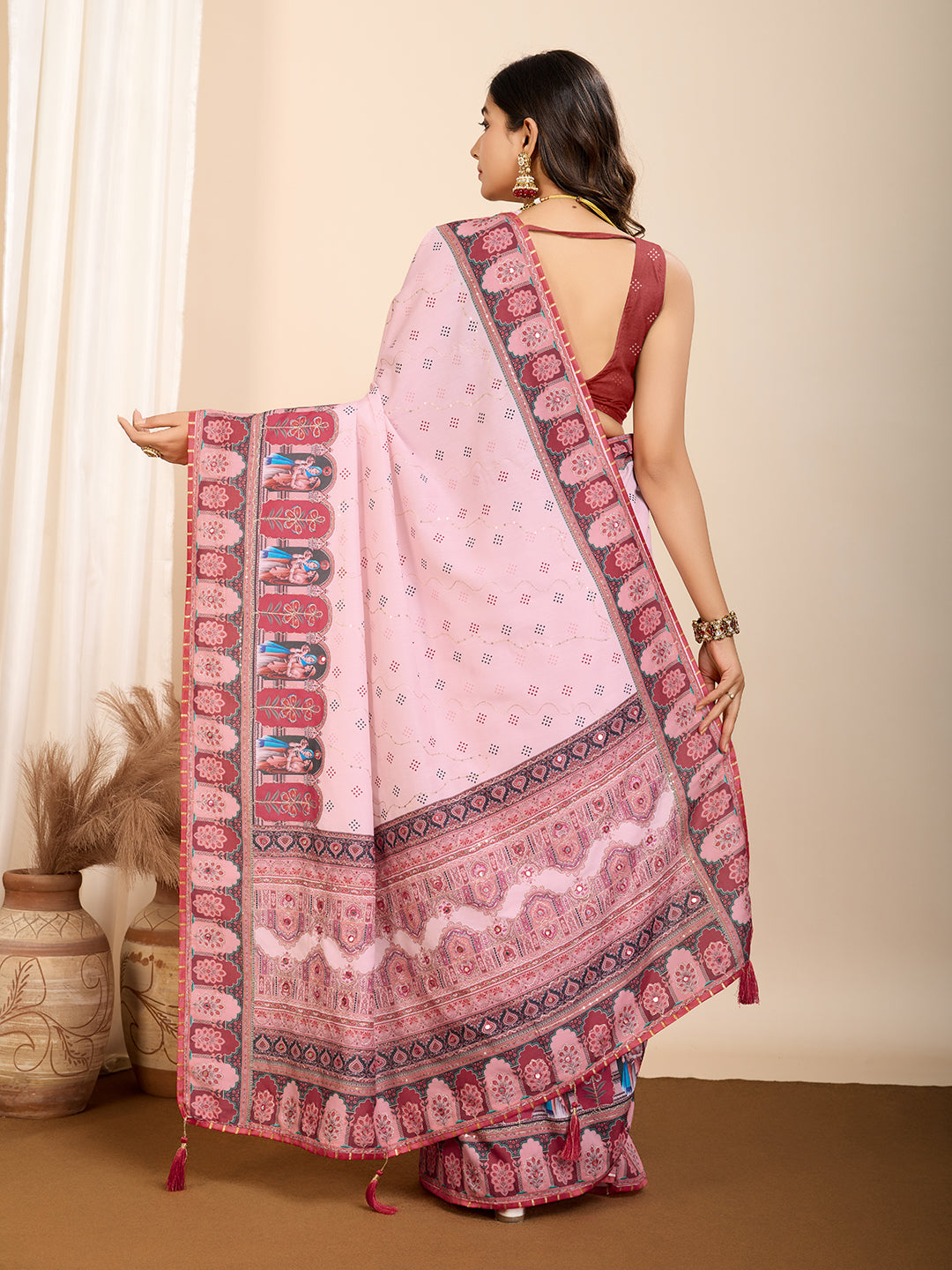 Baby Pink Fancy Muslin Cotton Saree With Digital Printed Work