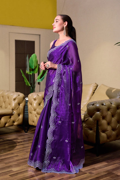 Purple Fancy Shimmer Chiffon Saree With Embroidery Work