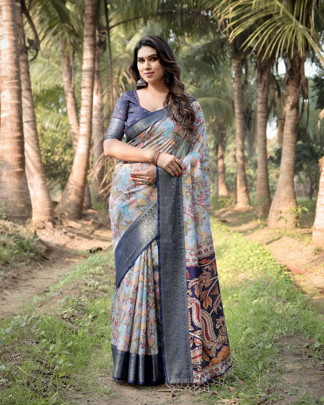 Multi Fancy Kalamkari Digital Printed Tussar Silk Saree
