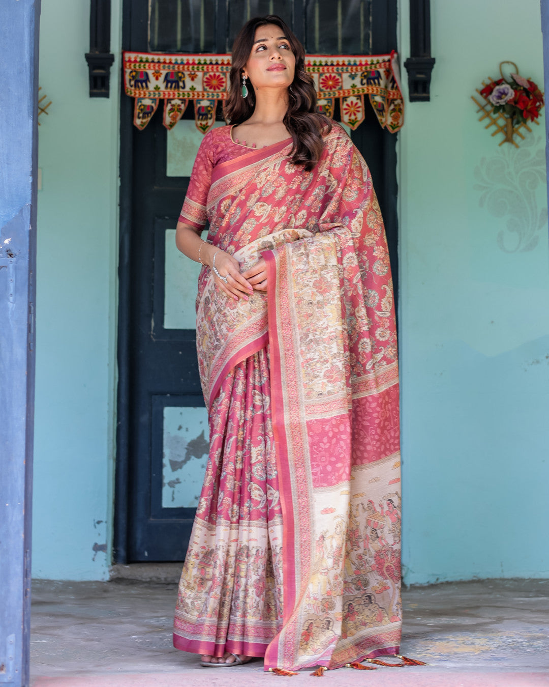 Kalamkari Digital Printed Linen Cotton Saree