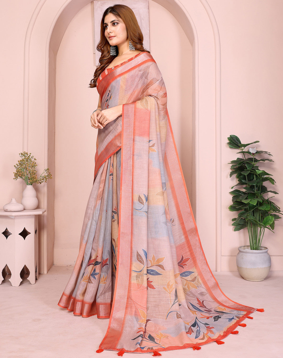 Multi Linen Cotton Saree With Digital Printed Work And Silver Zari Border