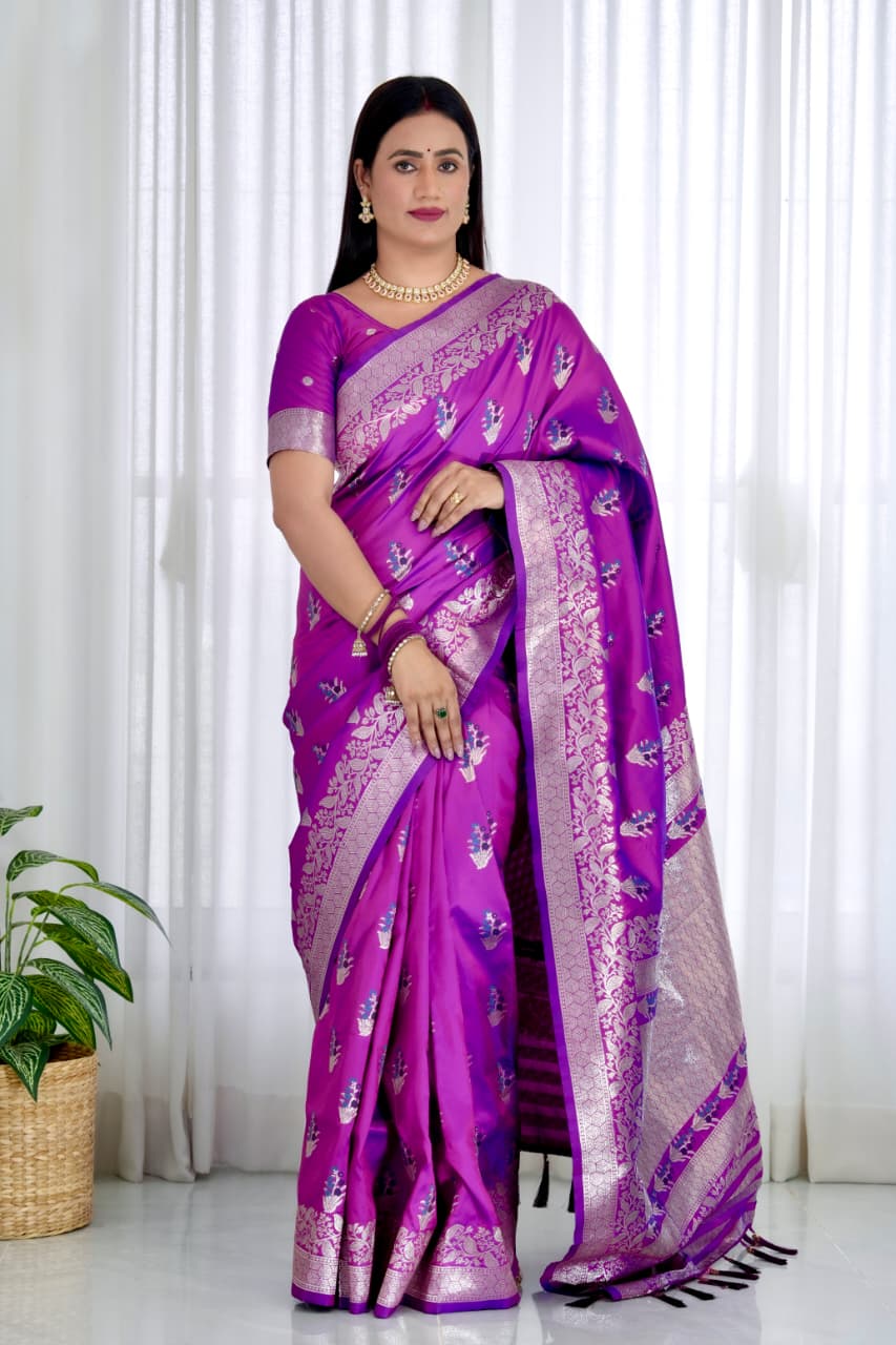 Purple Pure Soft Banarasi Saree With Meenakari Weaving Work