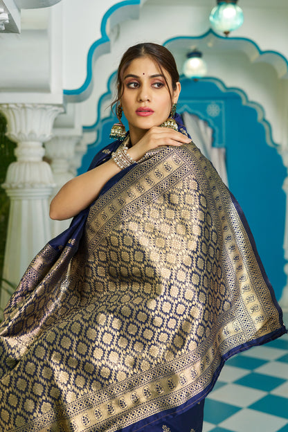 Navy Blue Banarasi Silk Blend Zari Woven Work