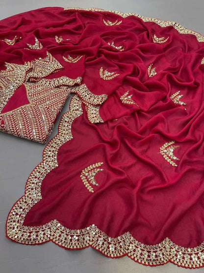 Rani Pink Vichitra Silk Saree With Fancy Thread Work With Sequins Work With Coding