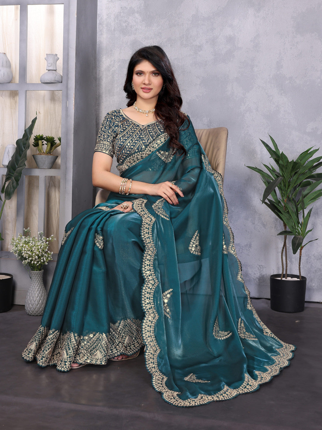 Rama Green Fancy Shimmer Chiffon Saree With Embroidery Work