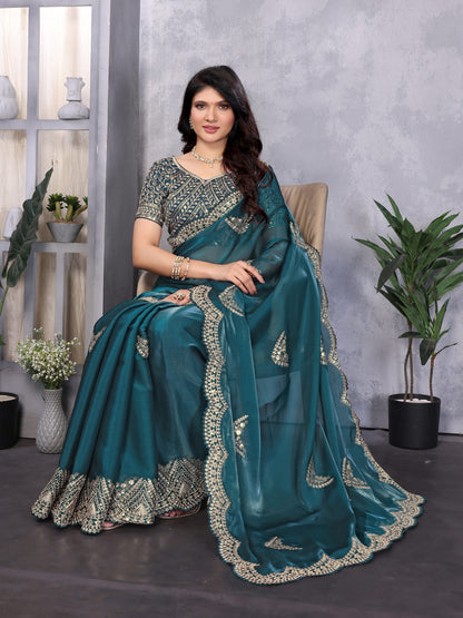 Rama Green Fancy Shimmer Chiffon Saree With Embroidery Work