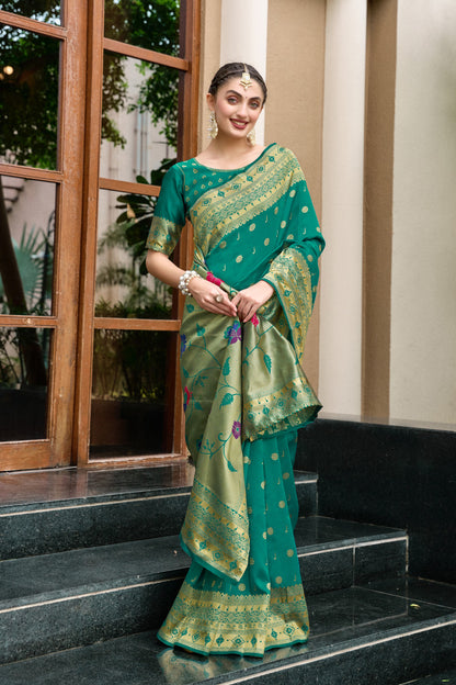 Traditional Rama Green Paithani Silk Saree With Zari Weaving Work