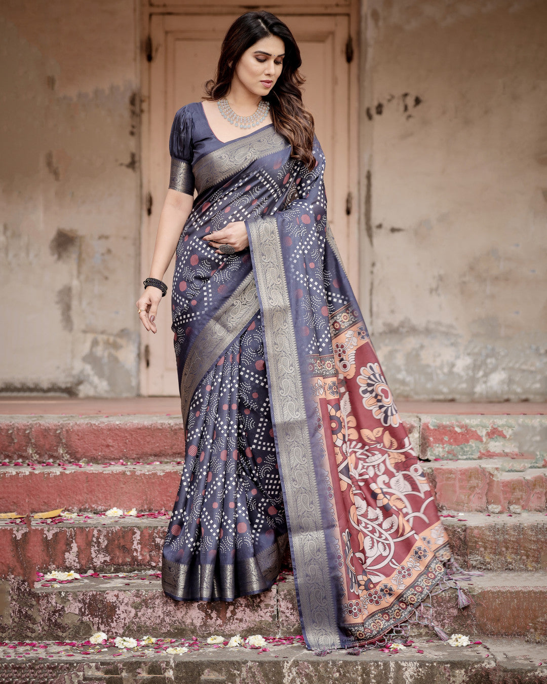 Blue Kalamkari Digital Printed Dola Silk Saree With Gold Zari Border