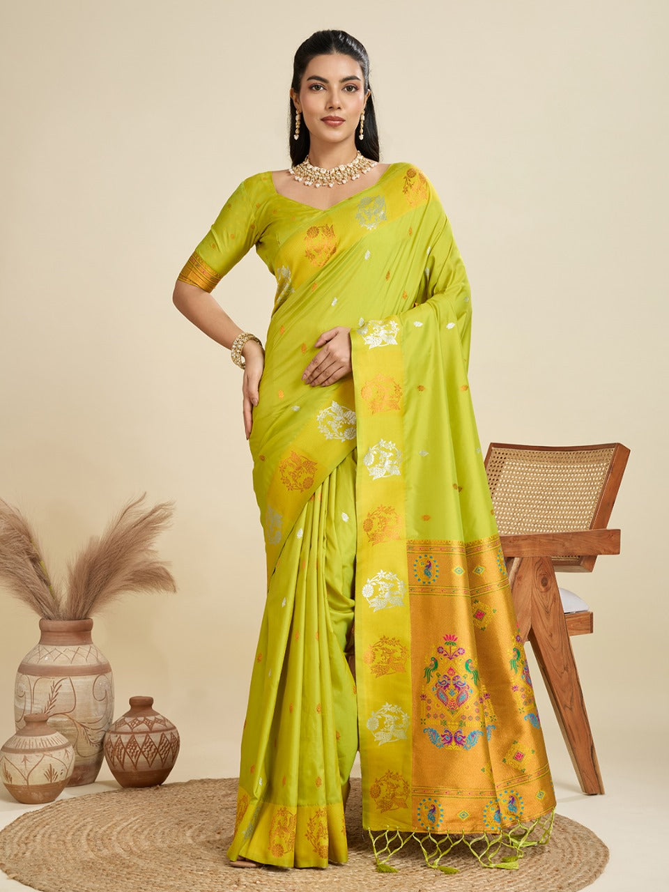 Pista Green Kanjivaram Silk Saree With Zari Weaving Butta Border & Designer Rich Paithani Pallu