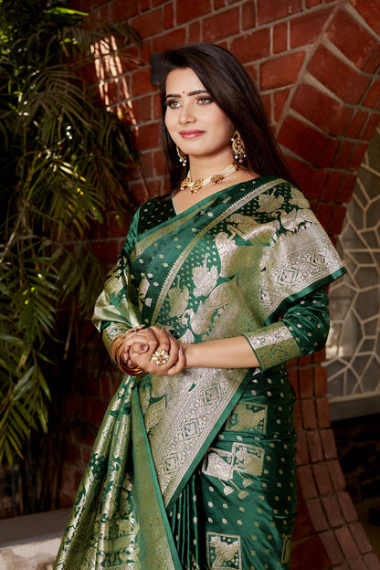 Green Kanjivaram Satin Silk Saree With Zari Weaving Butta & Rich Designer Pallu
