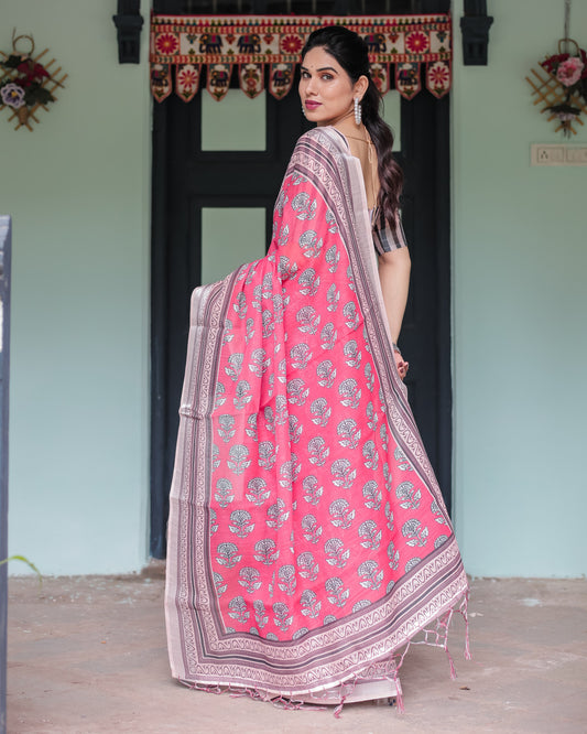 Gajari Soft Linen Cotton Saree With Digital Printed Work