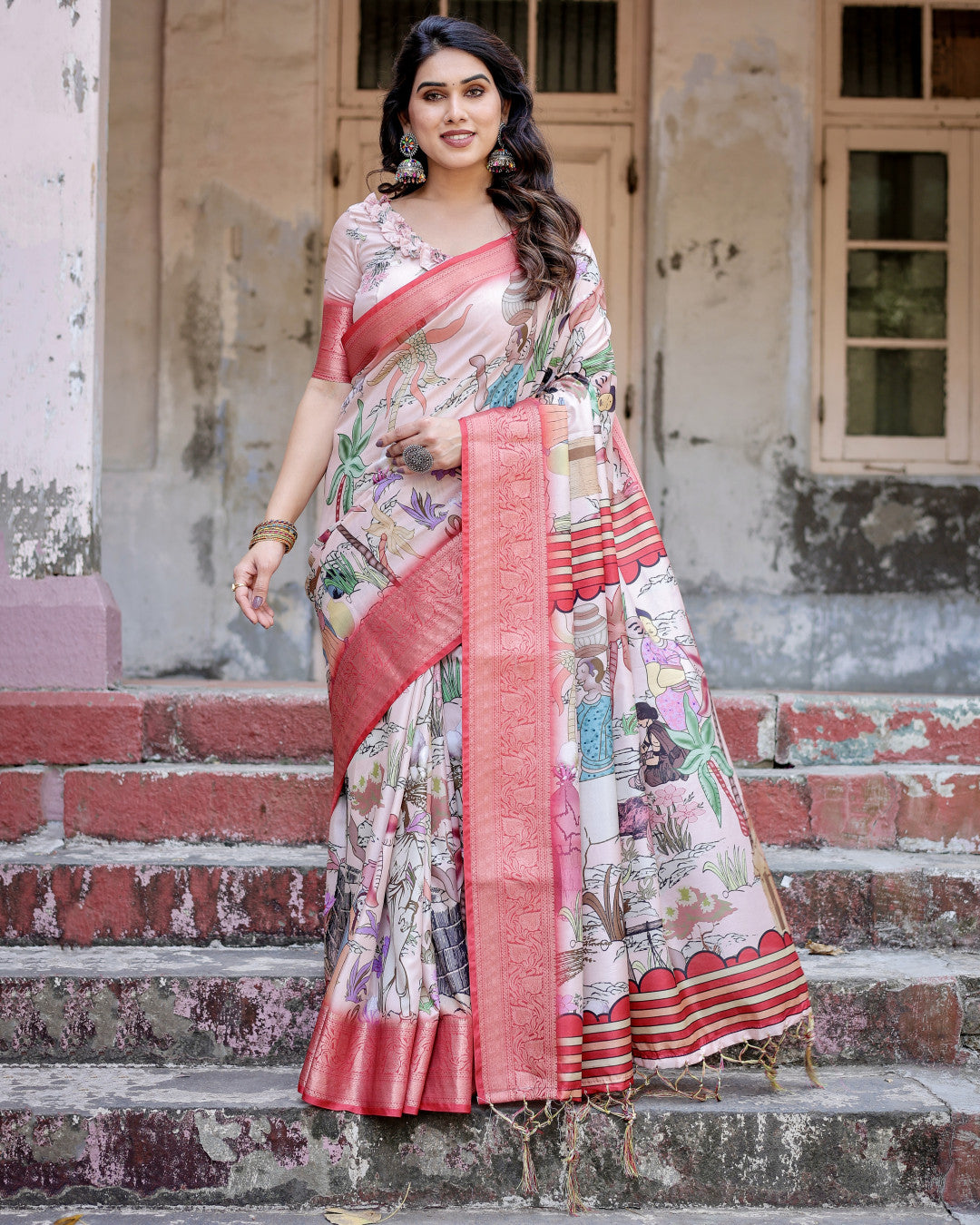 Multi Digital Kalamkari Printed Tussar Silk Saree With Zari Motif Border