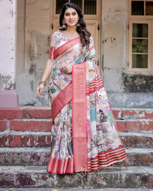 Multi Digital Kalamkari Printed Tussar Silk Saree With Zari Motif Border